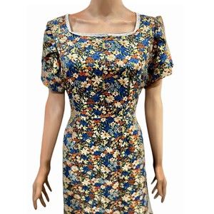 NWT Vintage Retro 60S Style Blue Dress Midi Dress Floral Tie Back Fits Size SML